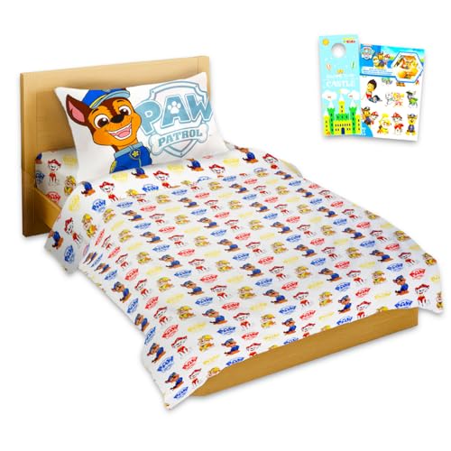 Nickelodeon Paw Patrol Sheet Set - Bundle of Bedding Including: Flat Sheet Fitted Sheet and Pillowcase for Twin Bed Plus Stickers More Room Decor for Kids