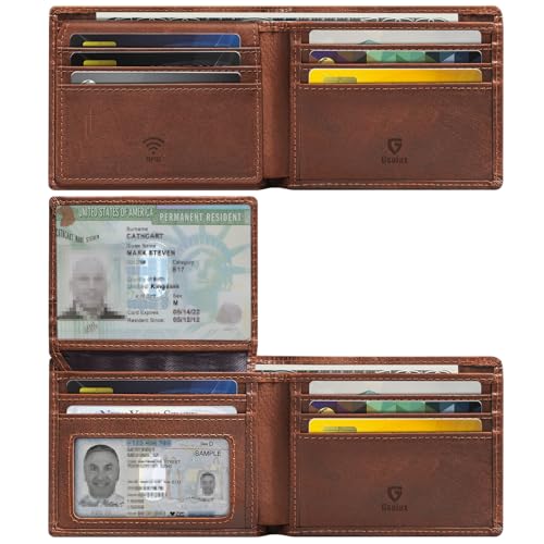GSOIAX Premium Crazy Horse Leather Wallet for Men-Handcrafted Vintage Bifold Wallet with 11 Card Slots,2 ID Windows & 2 Cash Pockets,RFID Blocking,Gift ideas for Him (Brown)