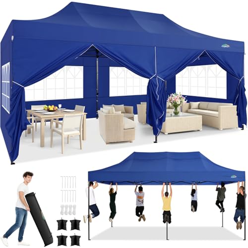 Image of COBIZI 10x20 Heavy Duty Pop Up Canopy Tent with 6 Sidewalls Thicken Frame, Commercial Easy Up Outdoor Wedding Party Tents, All Season Waterproof Windproof with Stakes Sandbags Ropes Roller Bag, Navy