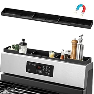 AWOKE Stove Top Shelf 30 Inch – Silicone Material Magnetic Shelf for the Stove – 3 Functional Partitions Kitchen Spice Rack Organizer – Black