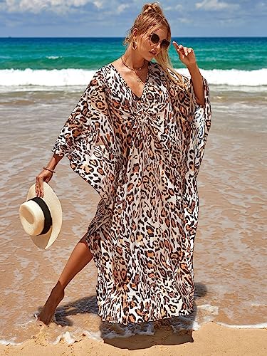 Image of sunforyou Kaftan Dresses for Women Plus Size Lightweight Swimsuit Cover up Batwing Sleeve Print Loungewear Beach Robe