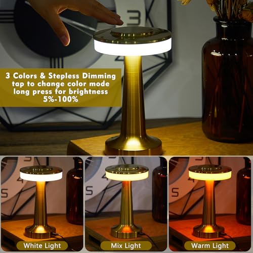 Image of Riakrum 24 Pcs LED Cordless Table Lamp Bulk Rechargeable,Gold | Portable Wireless Lamps, 3 Color Stepless Dimming, 15 Hour Battery, Touch Control, Wedding Home Restaurant Decor