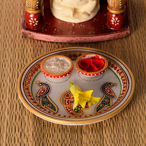 JaipurCrafts Ganesha with Peacock Marble Pooja and Thali Set (1 Pieces, Multicolour) - Image 4