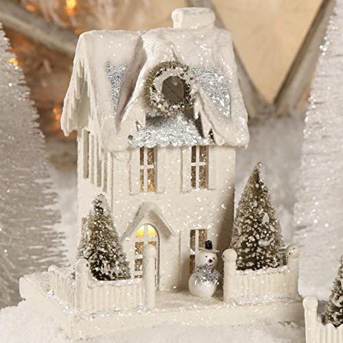 9" Wintery White Tall Putz House with Snowman Christmas Village Figure