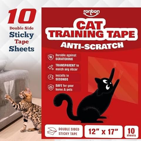Ronton Anti Cat Scratch Deterrent Sheets - Anti Cat Scratch for Furniture | 100% Transparent - Double Sided Cat Training Tape | Pet & Kid Safe | Couch, Door, Furniture Protector (10 Sheets) Cover