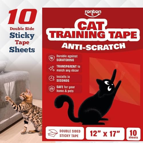 Ronton Cat Scratch Furniture Protector – Double Sided - Anti Cats Scratching Sticky Tape - No-Residue for Couch, Doors & Walls - 10 Sheets - XL 17