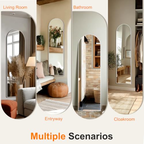 Image of Arched Full Length Mirror, 56 inchx15 inch Standing Body Mirror for Wall, Silver | Built-in Stand, HD Shatterproof Glass, Aluminum Alloy Frame, Hanging or Standing, for Bedroom, Living Room & Dressing Room