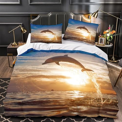 Housse de couette dauphin 3D lit simple parure de lit microfibre avec coucher de soleil - 2