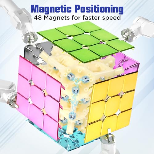 Image of D-FantiX Mirror Reflective Magnetic Speed Cube 3x3x3 with Display Stand, Shiny Metallic Color Fidget Toys for Kids 8-12, Original Stickerless Magic Cube Travel Toys, Birthday Gifts for Teen Girls Boys