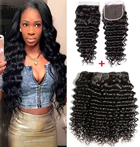 Brazilian Deep Wave With Closure 10A Grade 3 Bundles Human Hair Extensions With 4"x4" Lace Closure Free Part Black Color (18 20 22 +18 free part lace closure)