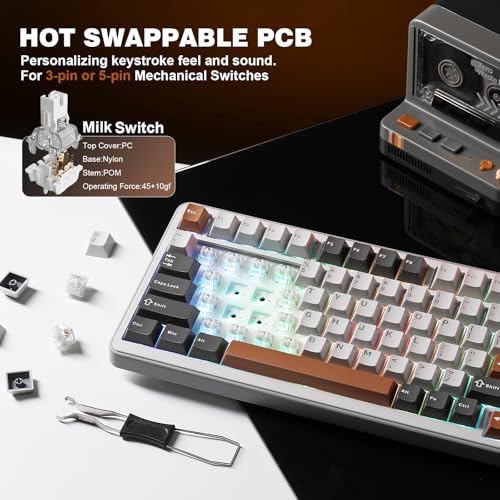 Image of YUNZII B75 PRO Wireless Mechanical Keyboard,75% Layout with Knob,Hot Swap Gasket Custom Structure,Creamy Pre-lubed Switches,RGB Backlit,Bluetooth /Type-C /2.4G for Win /Mac(Milk Switch,Grey)