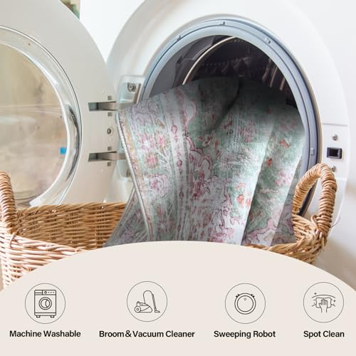 Tapete grande boho vintage lavable 5x7 verde y rosa miniatura 6