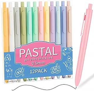 Retractable Pastel Gel Ink Pens, 12 Cute Pen 0.5mm Black Ink, Fine Pens for Journaling Writing School Supplies Taking Notes School Office Home