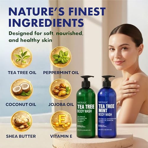 Image of Tea Tree Body Wash with Mint & Shower Gel with Vitamin E for Jock Itch, Eczema, Ringworm, Body Odor, Body Wash Women & Men with Added Body Oils,LARGE 20.2 FL Oz Bottle (Tea Tree Mint, Pack of 2)
