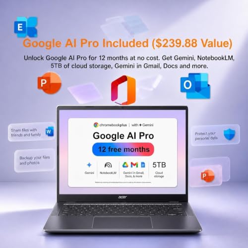 Image of Acer Chromebook Plus 514 Touchscreen Laptop (14 inch FHD+, Intel 8-Core i3-N355, 8GB DDR5, 512GB SSD + 128GB SD Card) for Business, Student, Backlit, 11-Hr Long Battery Life, IST HUB, Webcam, Chrome OS