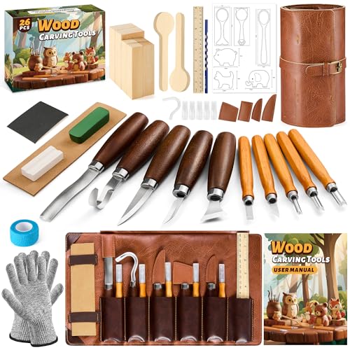 FANTICDE Attrezzi per Intaglio, Kit da 26 Pezzi per Principianti - Set Scultura con Istruzioni, Guanti, Tiglio, Cucchiai e Blocchi per Bambini e Adulti