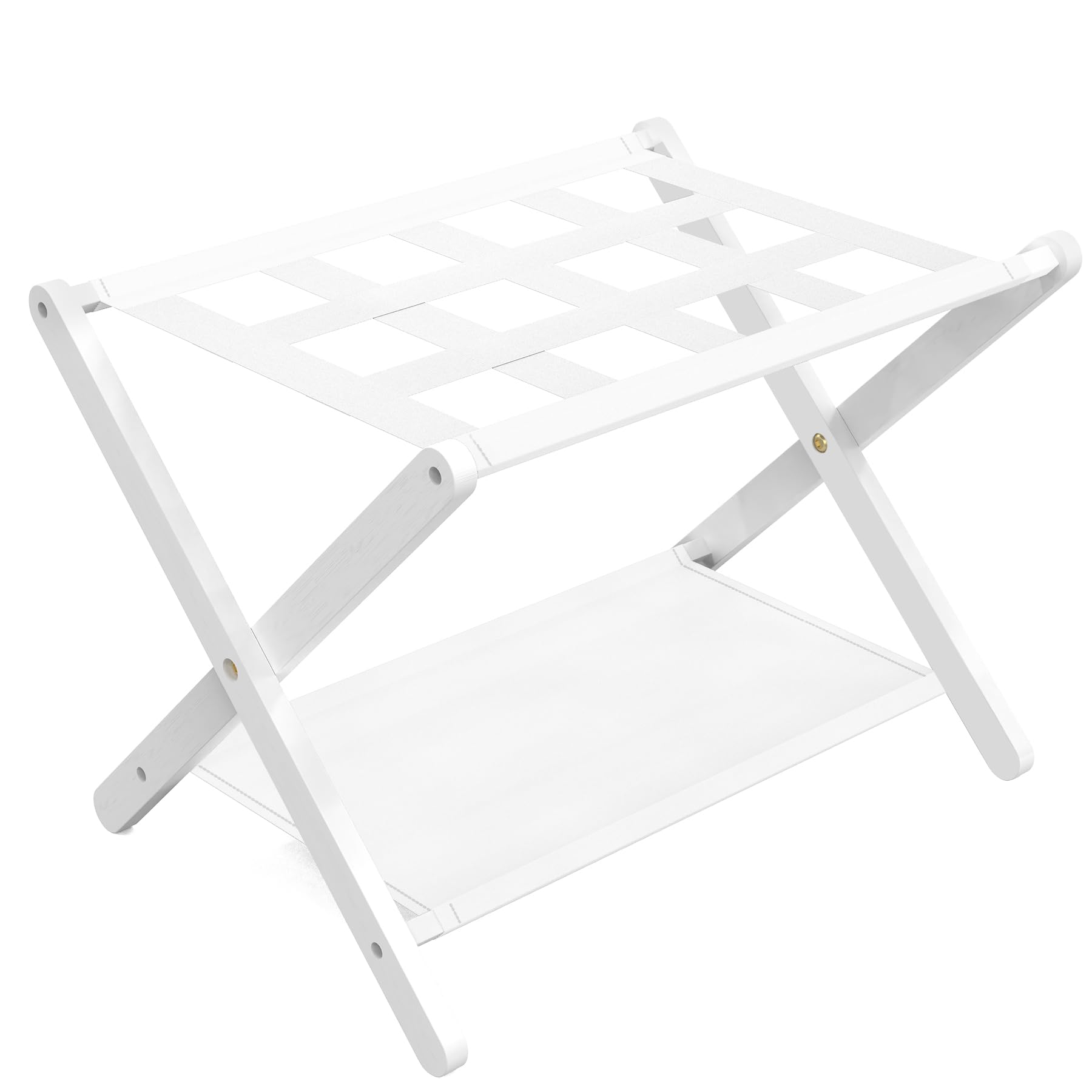Luggage Rack for Guest Room, Folding Suitcase Stand with Storage Shelf, Heavy-Duty Bamboo Frame and Nylon Straps, Foldable Luggage Holder for Home, Bedroom, or Hotel - White