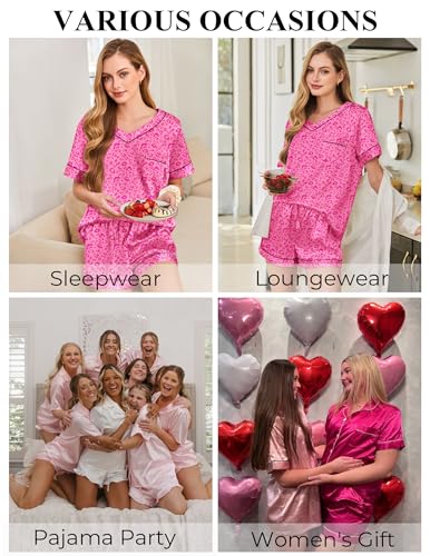 Image of Silk Pajamas for Women Short Sleeve Satin 2 Piece Pj Set Soft V Neck Sleepwear Loungewear, S-XXL