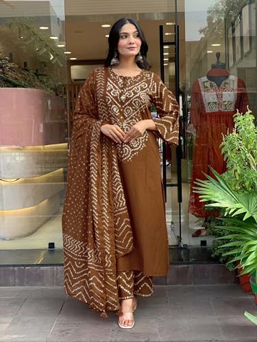 Image of GoSriKi Kurta Sets for Women Rayon Viscose Bandhani Printed | Kurti Set for Woman | Kurta Pant Dupatta Set | Straight Kurti | Round Neck 3 /4 Sleeve Suit Set for Women Stylish Ethnic Outfit