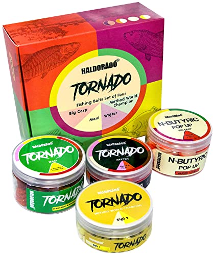 Haldorado Tornado Carp Fishing Baits Juego de 4 Paquetes, Regalos de Pesca, Boilies de Carpa, Wafters, Pellets, Accesorios de Pesca, Cebos y Aromas, 100% Biodegradables, 330 Gramos Cover