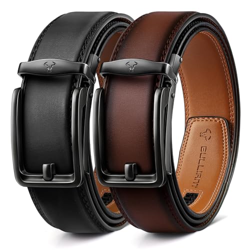 Image of BULLIANT Men Ratchet Belt 2 Pack, Click Sliding Leather Belt Adjustable for Gift Men Dress Casual Jeans 1 3 /8,Cut for Fit