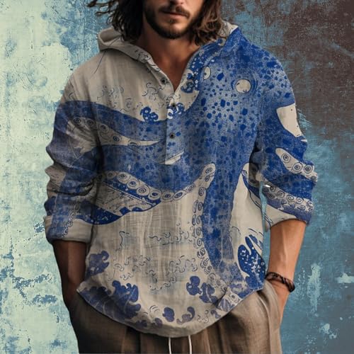 Mens Cotton Linen Hoodies Shirts Japanese Art Henley Neck Button Long Sleeve Hooded Sweatshirt Tunic Pullover Top3