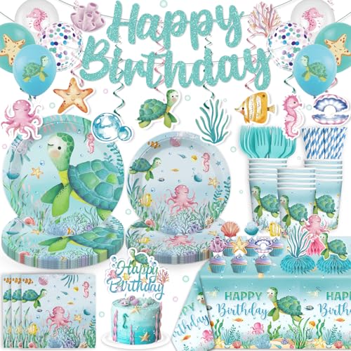 cocomigo 201 Pieces Ocean Party Decorations, All-in-One Sea Turtle Birthday Party Pack, Includes Banner, Plates, Tablecloth, Cake Toppers, Balloons, Under the Sea Decorations for 25 Guests