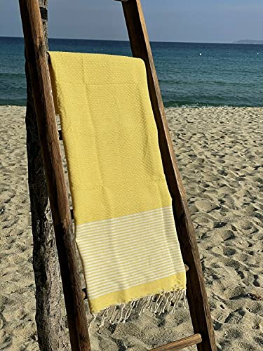 Fouta Tunisienne - Serviette de Plage - 100x200cm Nid d'abeille Rayures Fines Jaune 100% Coton