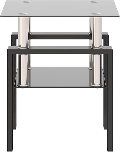 Miniatura 7 de IANIYA Mesa auxiliar moderna de cristal, mesa auxiliar de 2 niveles con parte superior de vidrio templado y patas de metal, mesa esquinera de noche
