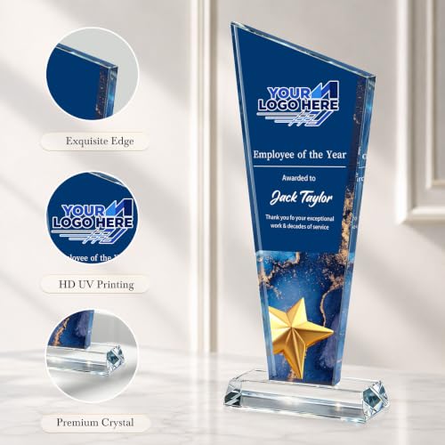 Image of Custom Crystal Trophy Award Personalized Plaque Award with Text Logo Photo Awards Trophies for Employee Recognition Team Graduation Personalized Office Gifts for Boss Coworker Teacher