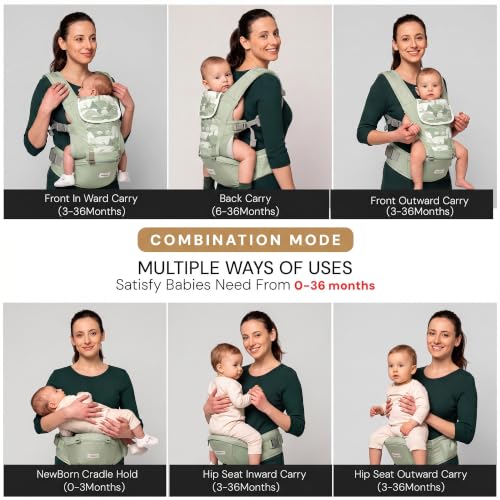 Image of Baybee 6-in-1 Baby Carrier for 0 to 3 Years with Hip Seat, Kangaroo Bag, Lumbar Waist Support, Breathable Mesh, Utility Pocket & Bottle Holder, Weight Up to 15 Kgs (Green)