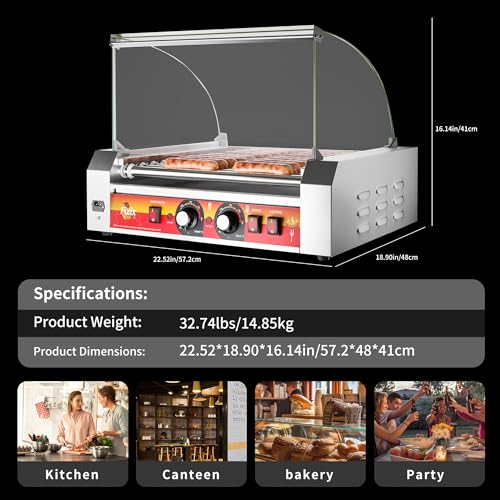 Image of 1670W Commercial Hot Dog Rollers,11 Rollers 30 Hotdog Roller Grill,Stainless Steel Hot Dog Machine with Dust Cover,Hot Dog Roller Machine with Dual Temp Control and Led Light (Red)