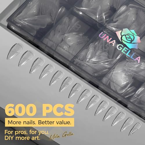 Image of UNA GELLA Long Stiletto Gel Nail Tips 600Pcs Pre Etched Long Stiletto Almond Nail Tips Clear Fake Nails Press on Nails No C Curve for DIY Art Salon at Home 12 Sizes