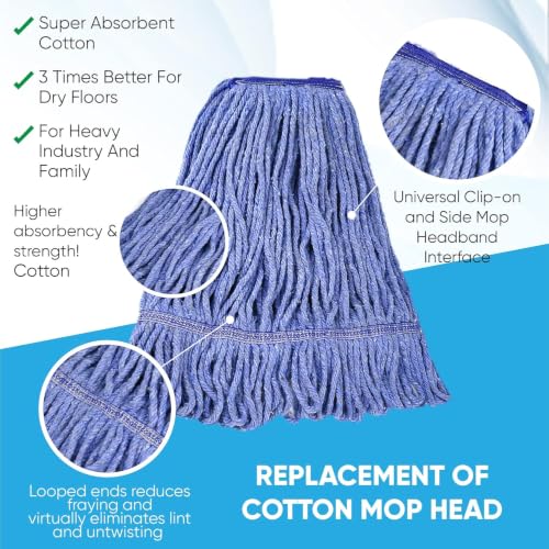 Image of 20oz Heavy Duty Cleaning Mop Head Replacement - 8 Pack - Commercial Replacement, Wet Industrial Blue Cotton Looped End String Head Refill