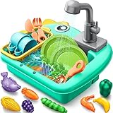 Geyiie Mini Toddler Sink Toy, Play Sink with Running Water, Automatic Water Cycle System and 13Pcs Rich Kitchen Accessories, Kids Pretend Role Play Dinosaur Dishwasher Toys for Boys and Girls