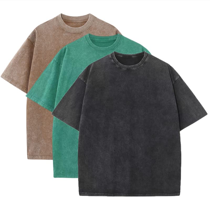 3 camisetas de verano de algodón pesado de gran tamaño para hombre, estilo vintage, holgadas, de manga corta, casuales, para hombres y mujeres, Café, verde y negro, M