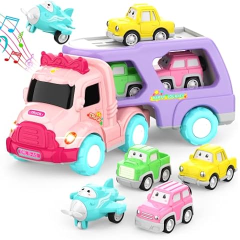 LASCOTON Toys for 1 2 3 Year Old Girl, 5-in-1 Carrier Truck for Toddler Girl, Friction Power Toy Cars with Light & Sound, Birthday Gifts, Pink Cover
