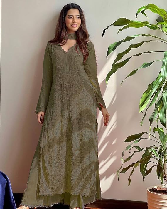 Image of Women's Chikankari Embroidered 3 Piece Suit Set in Faux Georgette - Long Gown Style Kurta with Lining with Dupatta
