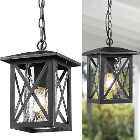 Beionxii Outdoor Pendant Light, Exterior Hanging Lantern Porch Pendant Lighting, Textured Black w/Clear Water Glass - A330H-1PK Cover