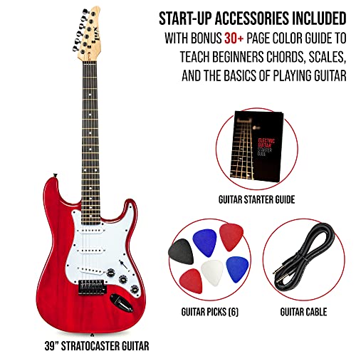 Image of LyxPro CS 39 inch Electric Guitar Stratocaster Kit for Beginner, Intermediate & Pro Players with Guitar, Amp Cable, 6 Picks & Learner's Guide | Solid Wood Body, Volume /Tone Controls, 5-Way Pickup - Red