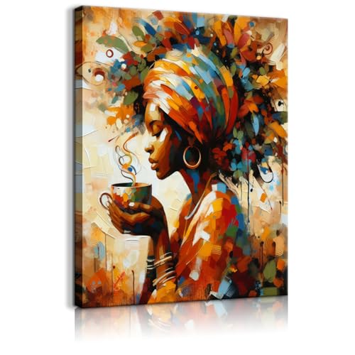 Black Woman Wall Art African American Wall Decor Coffee Girl Poster Print African Tribal Painting Picture for Living Room Bedroom Ready to Hang (12x16in Canvas)