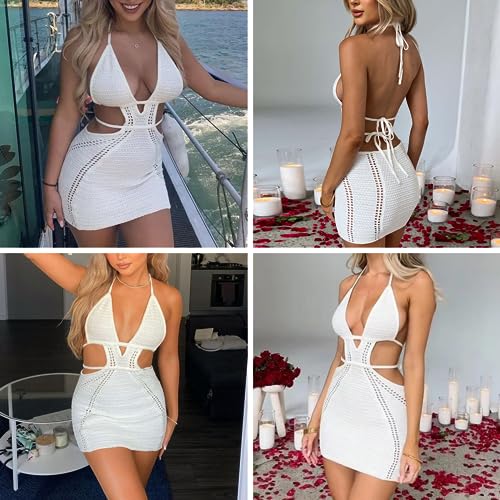 Women's Sexy Halter Hollow Out Knitted Mini Dress Sleeveless Backless Lace Up Bodycon Summer Beach Dress White - Image 4