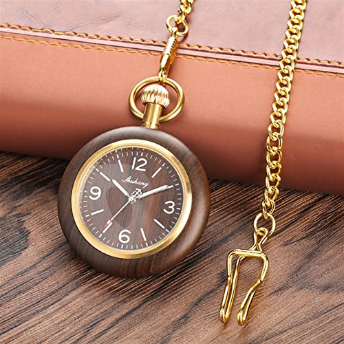 Retro unieke zwarte sandelhout quartz zakhorloge mode ronde wijzerplaat hout horloge met 30cm gouden ketting heren uur klok geschenken Heren Zakhorloges - Afbeelding 4