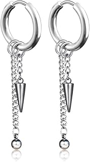 Xusamss Punk Jewelry Stainless Steel Huggie Hinged Earrings Spike Long Chain Dangle Drop Hoop Earrings