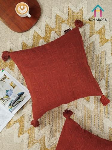 Image of HOMADORN Luxury Cotton Handmade Decorative Boho Throw Pillow Covers with Tassels for Sofa Couch Living Room Indoor Outdoor Chair Car Farmhouse (16X16 INCHES (Square), Rust (Pack of 2))