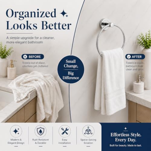 Image of Amazon Basics Stainless Steel Towel Ring for Bathroom | Towel Holder for Wash Basin | Hand Towel Hanger | Wall Mounted Towel Holder | Rustproof Towel Hanger for Washbasin