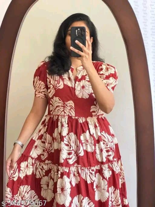 Image of Women's Rayon A-Line Midi Dress, Floral Print, Short Sleeves, Round Neck, Tiered Design