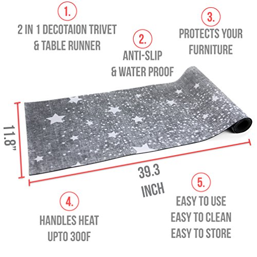 Anna Stay Table Runners - Trivet & Table Runner, Handles Heat Up To 300F, Anti Slip, Hand Washable, Great For Hot Dishes And Pots, Great As Dresser Decor & Table Decor, Gray Table Runner W Trail Stars #TOP4