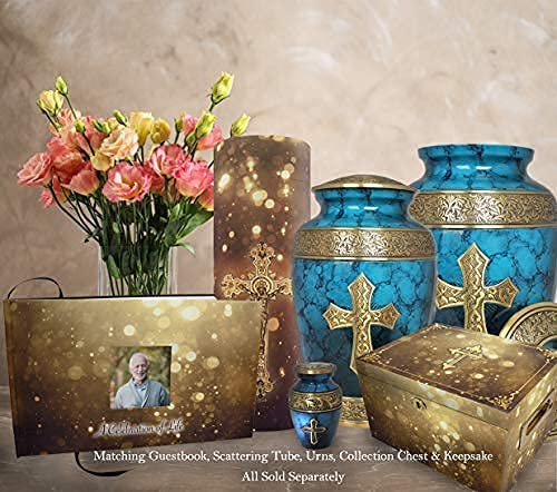 Image of Blue Cross Cremation Urn for Ashes Adult Male - Personalized Cremation Urns for Human Ashes Adult Man Decorative Urns - Beautifully Handcrafted Cross Urn