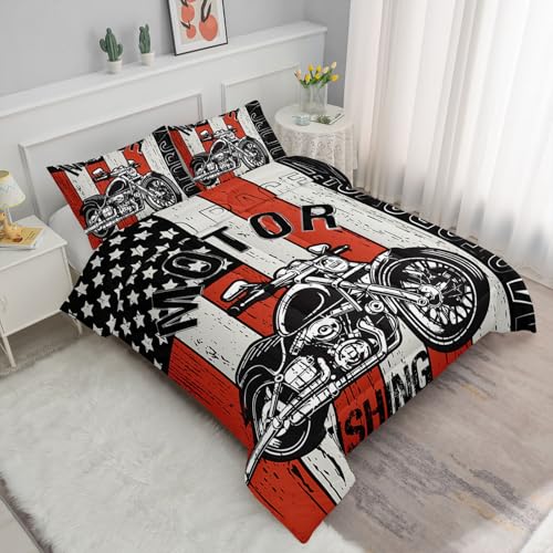 Image of Vintage Motorcycle Comforter Set American Flag Printed Bedding Set with 1 Comforter and 2 Pillowcases for Boys and Girls Bedroom All Season(Motorcycle Queen)